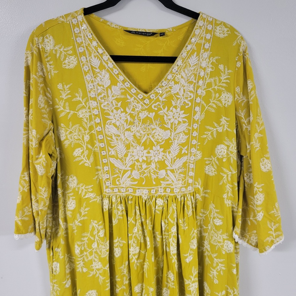 Melange XXL‎ Yellow Floral Embroidered Dress V Neck Boho Bohemian Casual